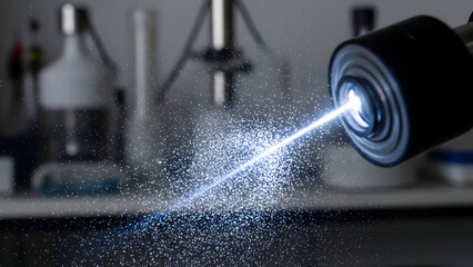 Laser beam emitting from a device illuminating a surface with particles showcasing precision and scientific research