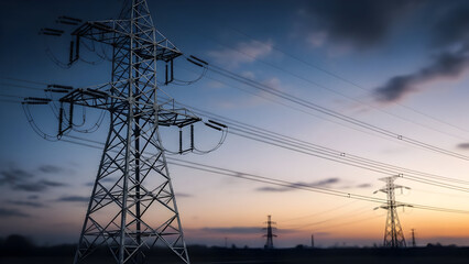 High voltage power lines at sunset electricity pylon against a colorful sky energy transmission infrastructure