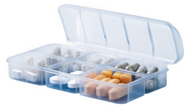 Open pill organizer filled with various medications separated into compartments clearly visible in the image