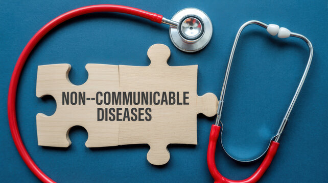 Non communicable diseases are represented by wooden puzzle piece alongside stethoscope, symbolizing health and medical care. This conveys importance of awareness and prevention