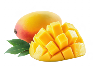Fresh and ripe mango with yellow flesh cut into cubes. resting beside a whole mango. its natural green leaves. ideal for culinary presentations or tropical-themed designs