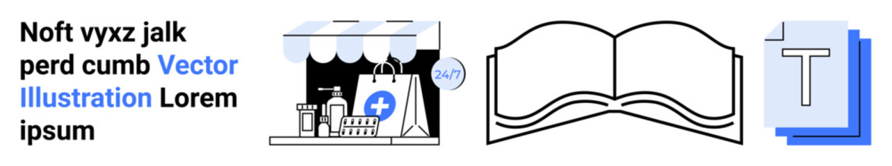 E-commerce, education, publishing, digital content, text editing, shopping services. a storefront, open book and document icon layout. E-commerce and education visual