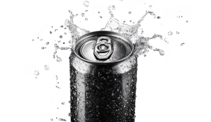 A close-up view of a silver soda can splashing water in a dramatic fashion against a dark background. capturing the refreshing essence of a beverage