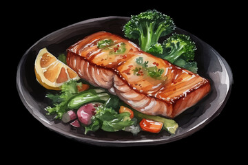 Grilled Salmon Fillet with Vegetables Illustration Broccoli, Zucchini and Orange Slices, Watercolor Food Art on Black isolated, Background