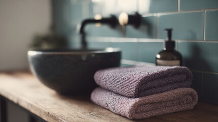 Bathroom countertop with a black sink and a stack of folded purple towels on it. the countertop is made of wood and the wall behind it is covered in blue tiles.