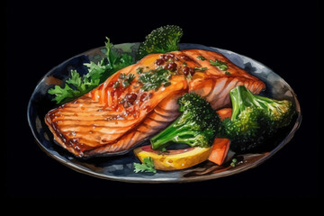 Grilled Salmon Fillet with Vegetables Illustration Broccoli, Zucchini and Orange Slices, Watercolor Food Art on Black isolated, Background