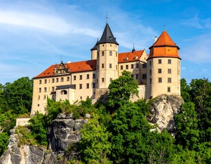 A majestic medieval fortress with multiple towers and red-tiled roofs, perched atop a rocky cliff covered in lush green foliage