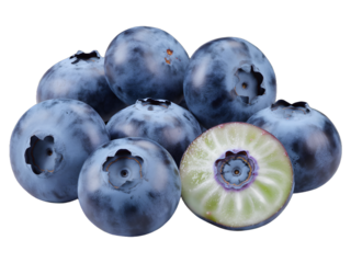 Fresh blueberries whole and halved with cross-section isolated