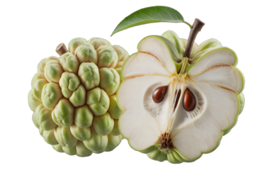 Custard apple whole and halved isolated on black background