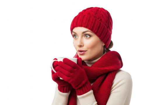 Woman in red winter hat and scarf holding a hot drink, isolated on transparent background