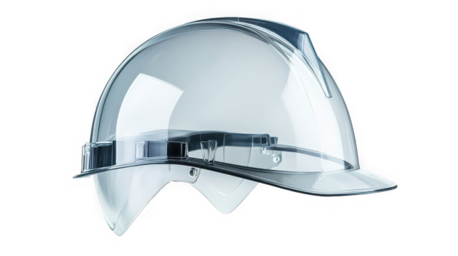 A clear safety helmet with a visor on a black background providing head protection at work sites