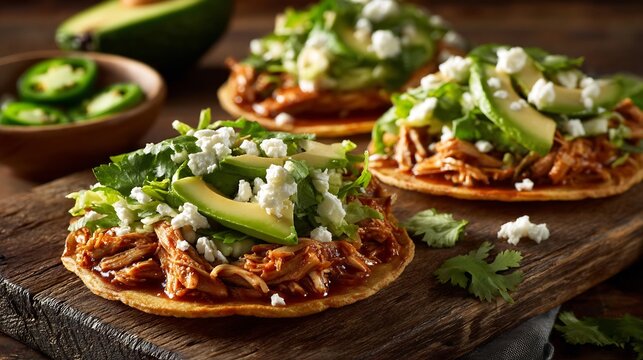 Appetizing Mexican chicken tinga tostadas with fresh avocado, crumbled cheese, and crisp cabbage, artfully displayed on a rustic wooden board under bright lighting.