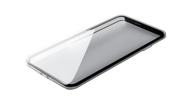 A sleek smartphone with a reflective screen displayed against a stark black background in a studio shot - Powered by Adobe