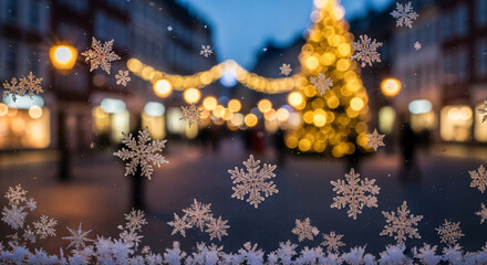 A window with frost patterns reveals a Christmas street scene with a decorated tree and evening snowfall, with space for text and greetings.