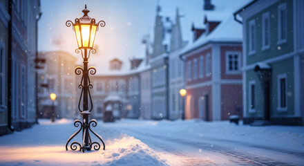 An antique street lamp illuminating a snowy alley on a winter evening, with space for text and greetings.