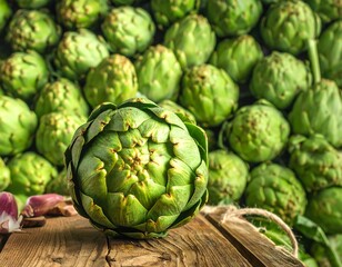 Obraz premium Close-up of a single artichoke in front of a pile of other artichokes, alongside a wooden surface and garlic