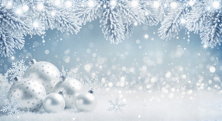 Silver Christmas ornaments surrounded by snowflakes and frosted fir branches with space for text and greetings. Monochrome.