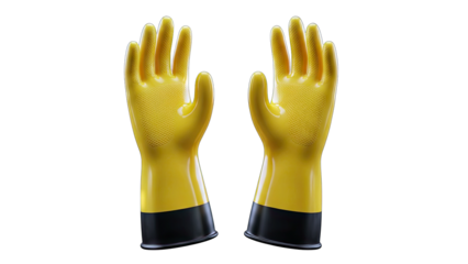 Pair Of Yellow Rubber Gloves With Black Cuffs Shown Against A Clean Isolated Background Ready For Cleaning Or Protection Tasks