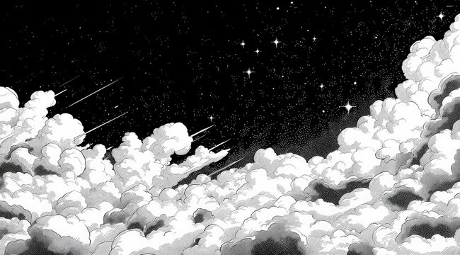 Starry night sky with clouds and shooting stars in monochrome - Powered by Adobe