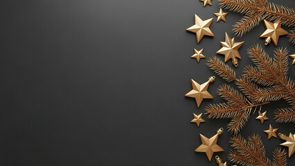 Golden christmas stars and pine branches on a dark background creating a festive holiday scene