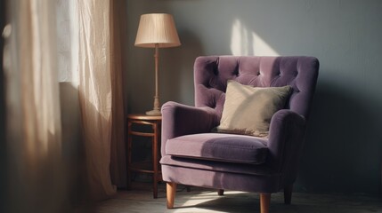 Corner of a room with a purple armchair and a small wooden side table. the armchair has a tufted backrest and is upholstered in a soft purple fabric.