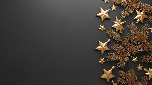 Golden christmas stars and pine branches on a dark background creating a festive holiday scene