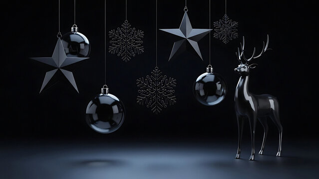 Elegant christmas decoration with ornaments stars snowflakes and a reindeer in a dark setting