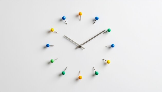 Bright and simple conceptual clock telling time, featuring silver hands and colorful pushpins marking the hours, captured in a minimalist studio shot against a clean white background.