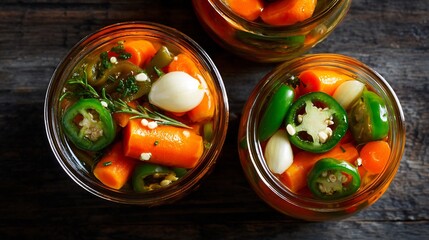 Two glass jars filled with vibrant Mexican chile en escabeche pickles, showcasing crisp carrots, sliced jalapeños, and whole garlic cloves on a rustic wooden table with inviting visual appeal.