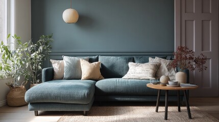 Modern living room with a blue sofa against a dark blue wall. the sofa has a chaise lounger on the left side and is upholstered in a light blue fabric.