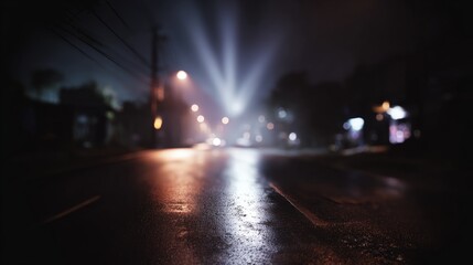 searchlight. Moody nighttime street scene with wet pavement reflecting neon glow, evoking cinematic mystery. STEM education sheets.
