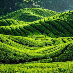 Fototapeta premium Lush green terraced tea fields stretch across rolling hills