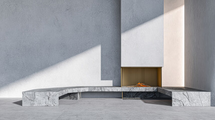 Modern minimalist living room with a unique marble bench and elegant fireplace design