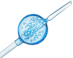 A close-up view of a laboratory glass apparatus filled with blue liquid. bubbles and intricate details. set against a clean white background. ideal for scientific or educational purposes