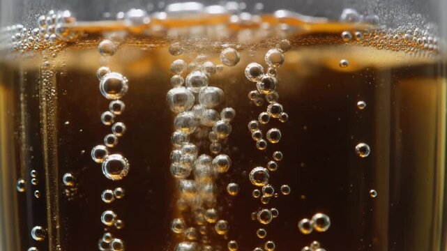 Close-up shot of effervescent bubbles rising in a golden-brown liquid, likely a refreshing beverage