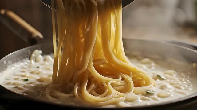 Steaming Spaghetti Pasta Being Transferred to Pan with Creamy Alfredo Sauce