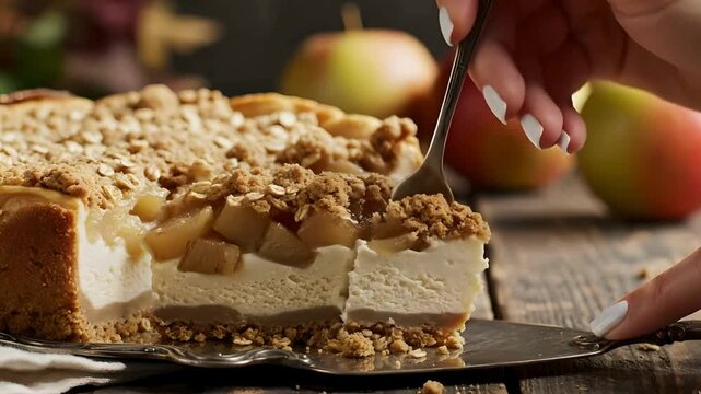 Close up eating delicious apple crumble cheesecake slice on rustic wooden table