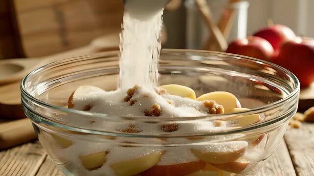 Pouring white sugar on sliced apples in glass bowl for baking apple pie filling