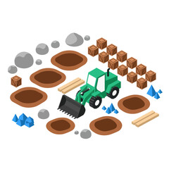 Green Construction Vehicle Working on a Site with Piles of Dirt and Materials.