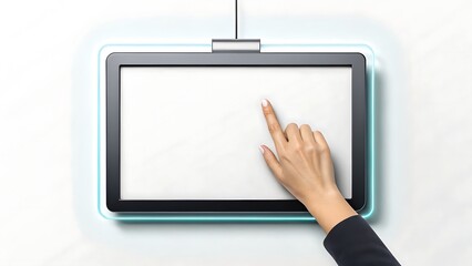 Elegant hand touching blank interactive display in modern office setting presentation
