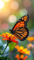 Close-up of a Monarch butterfly on a vibrant orange flower