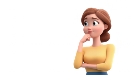 A thoughtful young woman with a light brown hair bun. wearing a yellow sweater and blue skirt. poses against a soft blue background. contemplating her next decision in a serene setting