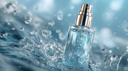 Elegant blue perfume bottle splashing in crystal clear water creating refreshing vibes and beauty