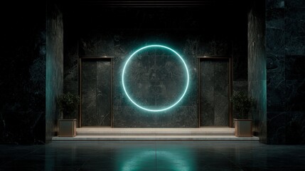 Dark room with a large circular neon sign in the center. the sign is glowing blue and is surrounded by two pillars on either side.