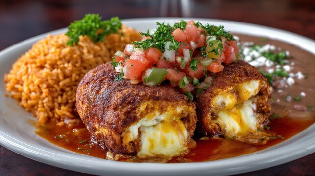 Mexican chili relleno stuffed cheese deep fried and topped with tomato salsa garnished with parsley and served alongside refried beans and rice