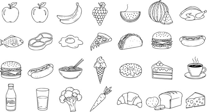 Hand-drawn outline doodle icons of various food items including fruits, vegetables, fast food, desserts, drinks, and proteins, perfect for healthy eating or restaurant menus.