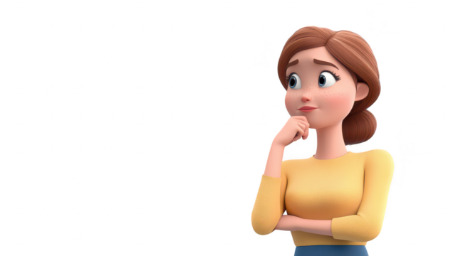 A thoughtful young woman with a light brown hair bun. wearing a yellow sweater and blue skirt. poses against a soft blue background. contemplating her next decision in a serene setting - Powered by Adobe