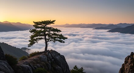 Lone pine tree on rocky cliff above sea of clouds at sunrise image