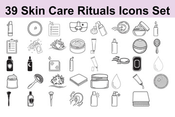 39 Skin care rituals icons set of facial treatment routine procedures with cleanser, lotion, mask, and beauty products, skincare tools