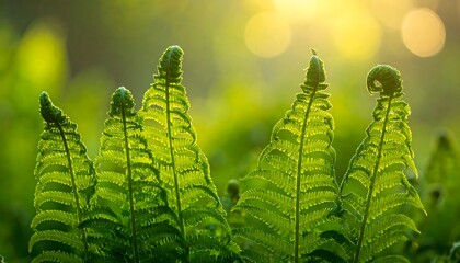 Close-up of green fern fronds with delicate unfurling tips, lit by golden sunlight. Lush, natural backdrop